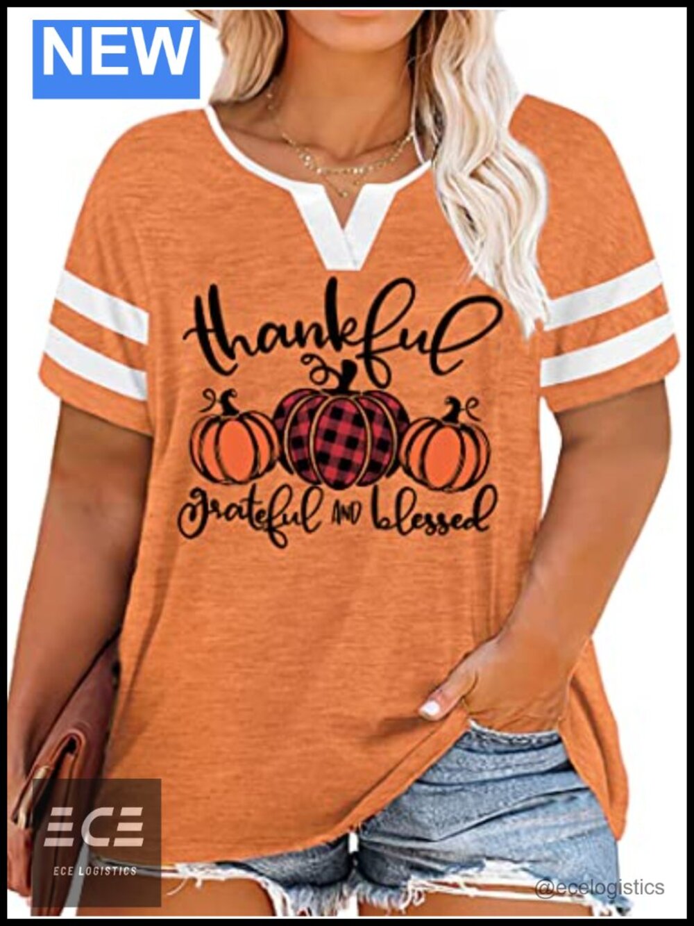 Plus Size Thanksgiving T-Shirt Thankful Grateful Blessed V-Neck Short Sleeve